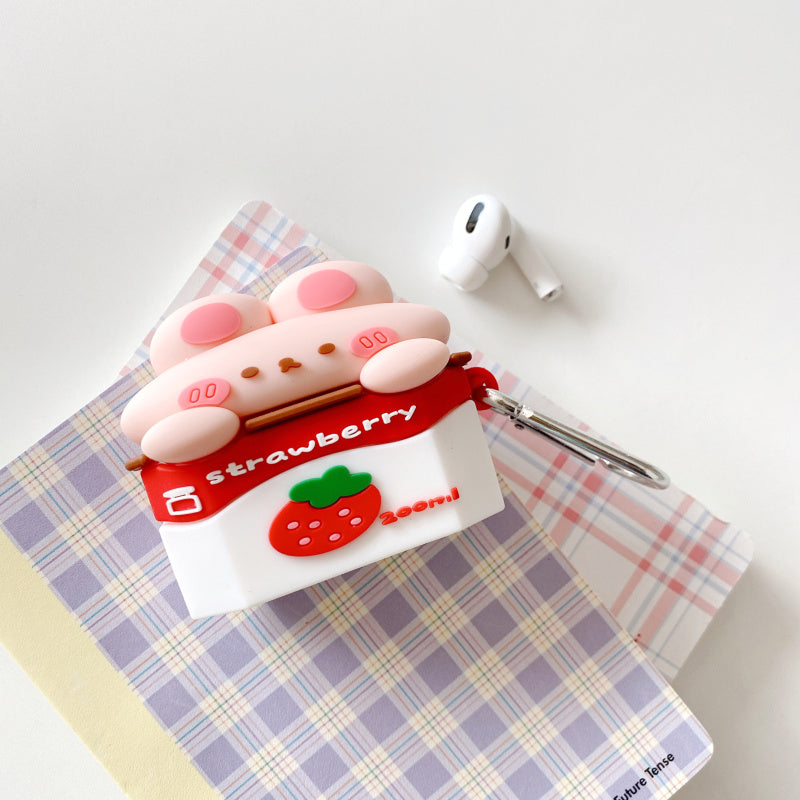 Coffret d'écouteur sans fil de lait de fraise mignon Silicone
