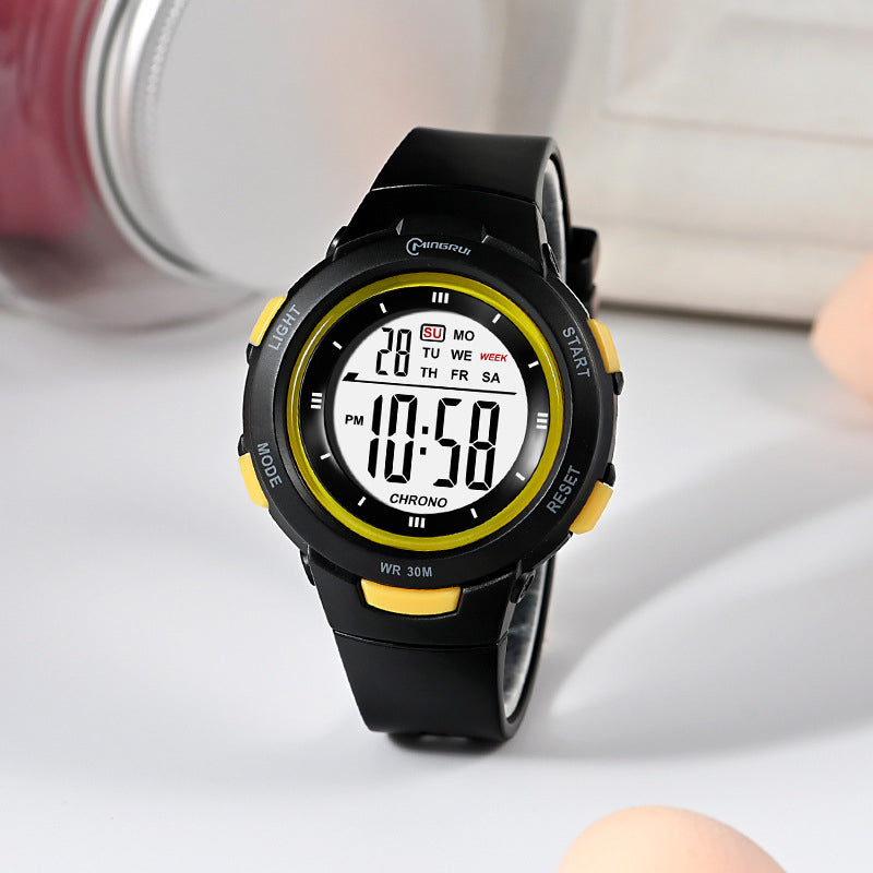 Fashion épingle boucle lumineuse imperméable PU strap Student Montre électronique