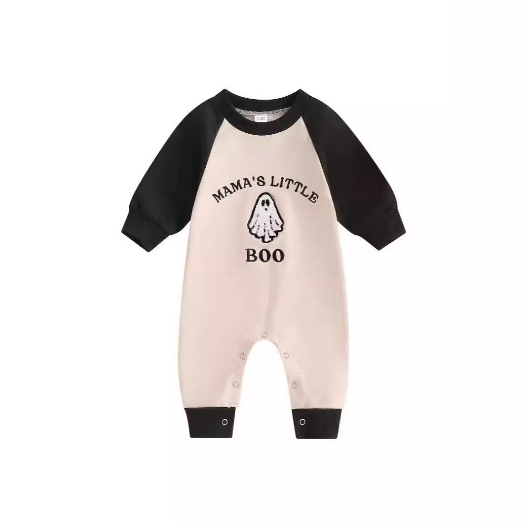 Lettre Ghost Broderie Couleur bloqué Long manchon Cartoon Cute jumps Crawler