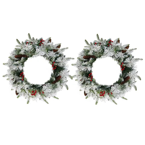 2 Pack 18in Pre-Lit Snow Flocked Christmas Wreath