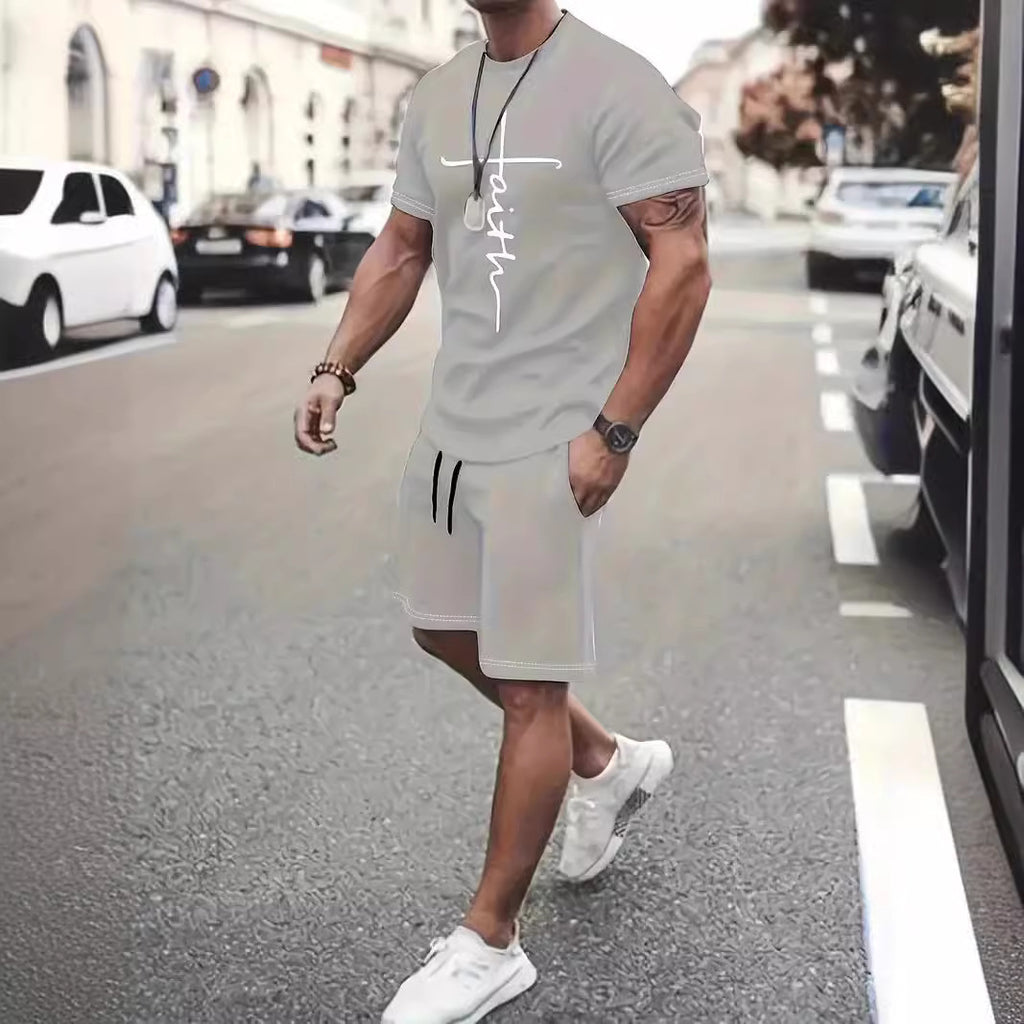 Pantalon sport occasionnel Col rond Manche courte 3d Design d'impression numérique Ensemble deux pièces