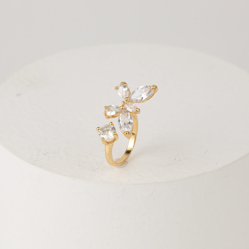 Zircon Branche Feuille et Anneau Fleur