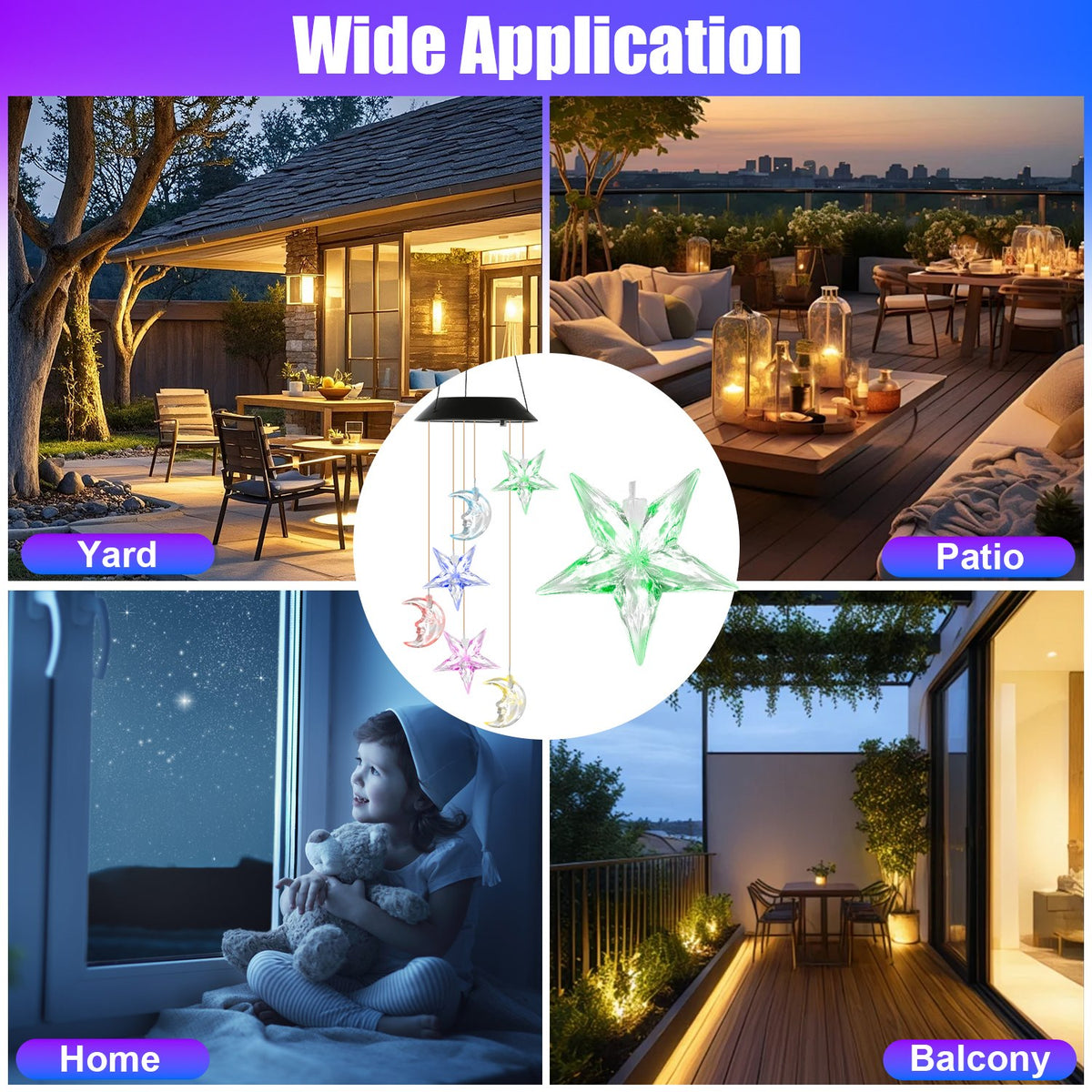 1Pc 2Pc Quantity Options Solar Moon and Star Wind Chime 7 Color Changing Wind Chime for Outdoor