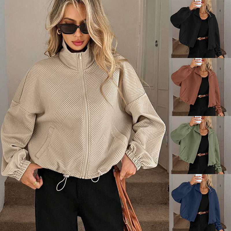 European And American Amazon Autumn And Winter High Collar Zipper Hem Drawstring Flap Pock