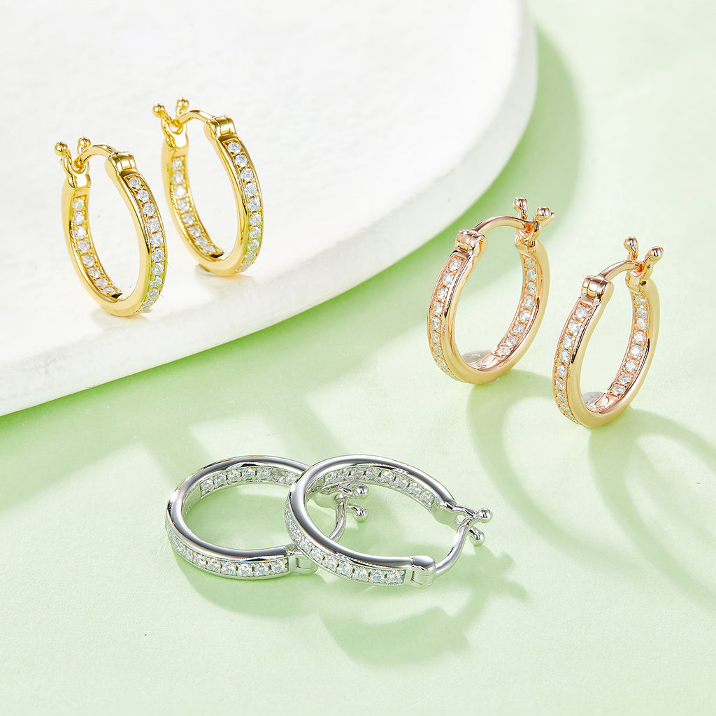 S925 Argent Sterling 38pcs Moissanite Huggie Boucles d'oreilles Hoop pour femmes 16,5mm Plaque platine