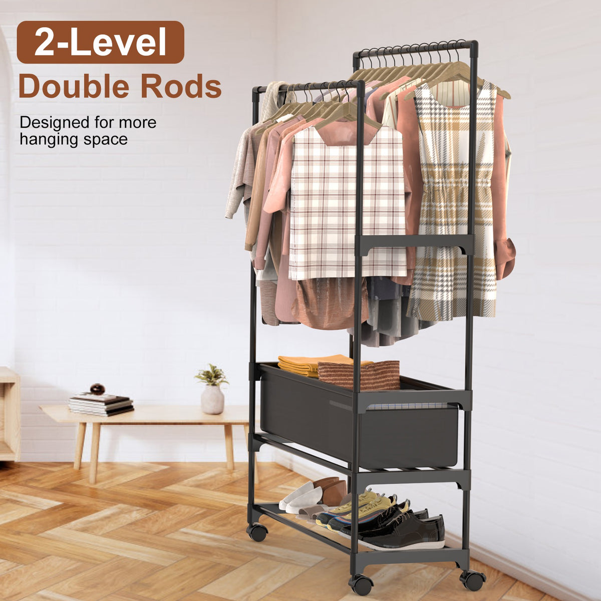 1Pc Double Rods Garment rack avec sac de rangement Portable rack de vêtements avec étagères verrouillables