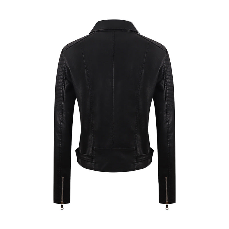 PU Femmes court en cuir Oblique Tir Slim vêtements de moto lavés veste en cuir