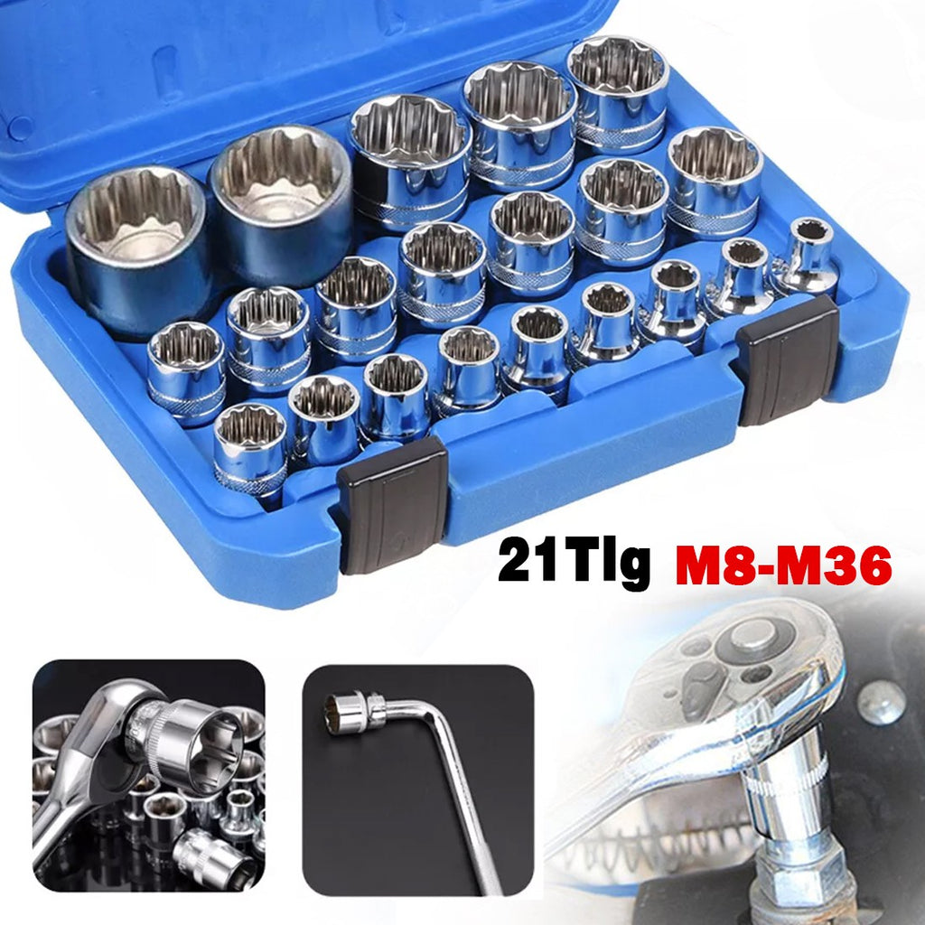 21 Pcs Half Inch Drive Ensemble de chaussettes multi-dents 8 à 36mm 12 point Sockets métriques Spline pour