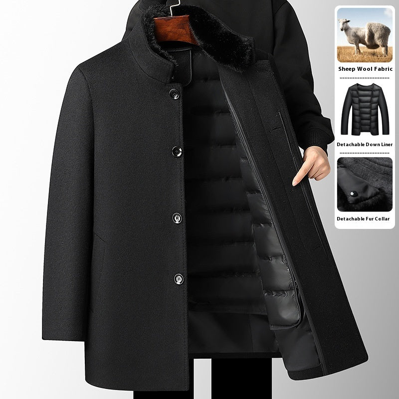Laine pour hommes Pardessus Automne et hiver Épaisseur mi-long Linge de plume amovible