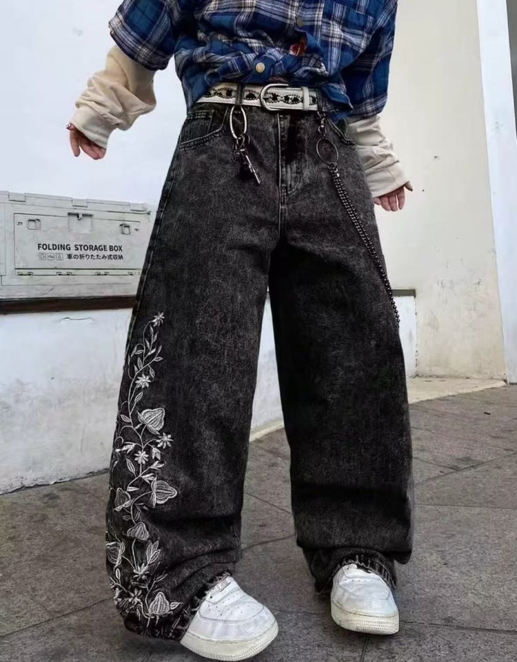 Pantalons de denim à jambes larges brodés à haute hauteur
