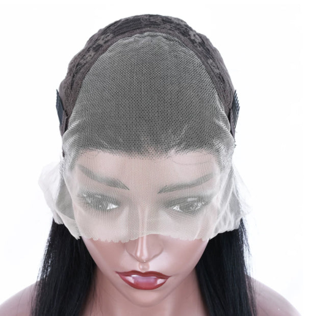 Long droit Cheveux humains Perruque à dents pleines peut être lié Curled or Teed Wig Cap Style