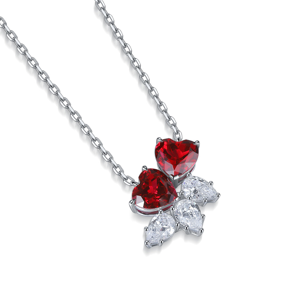 S925 Argent 4.1g Double Coeur Lab-Created Gemstone Collier