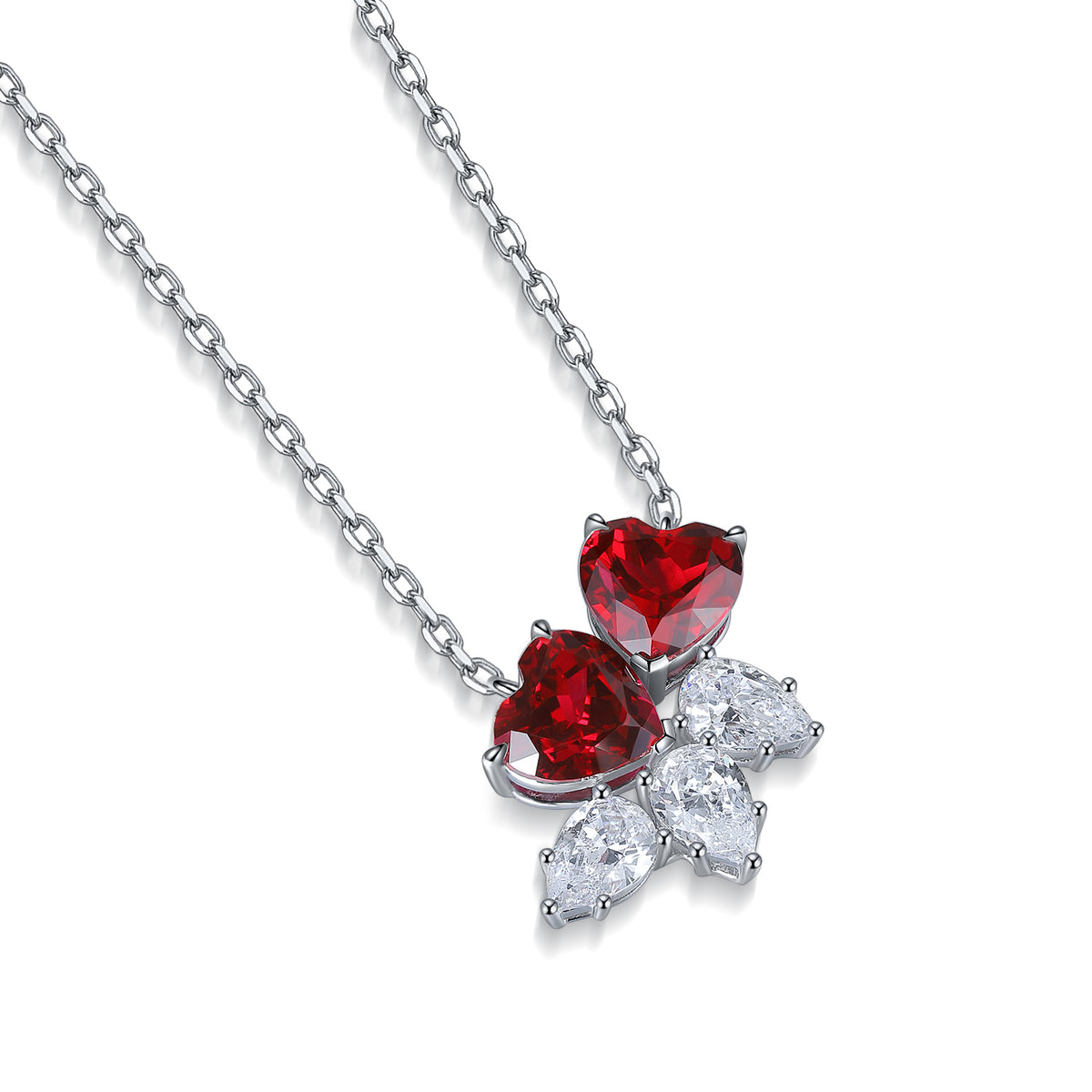 S925 Argent 4.1g Double Coeur Lab-Created Gemstone Collier