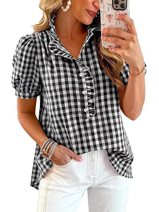 Chemise à manches courtes à manches courtes à manches courtes avec boutons en V-Neck