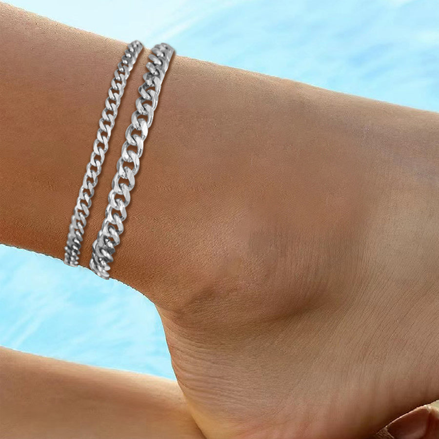 2Pcs Femmes Double couche Cuban chaîne Anklet or argent ton en acier inoxydable réglable Cur