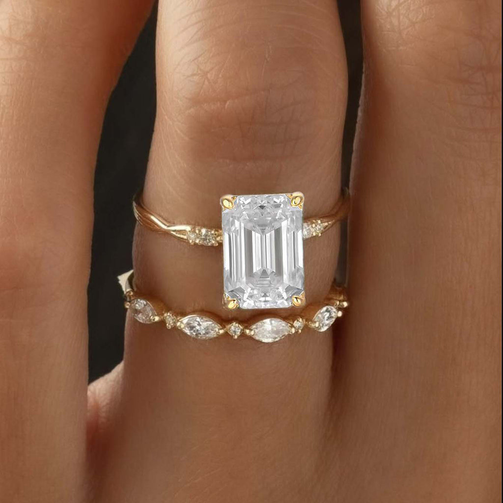 S925 Argent plaqué or 3,5ct Coupe émeraude Moissanite bague de mariage ensemble D Couleur VVS1 Taille US