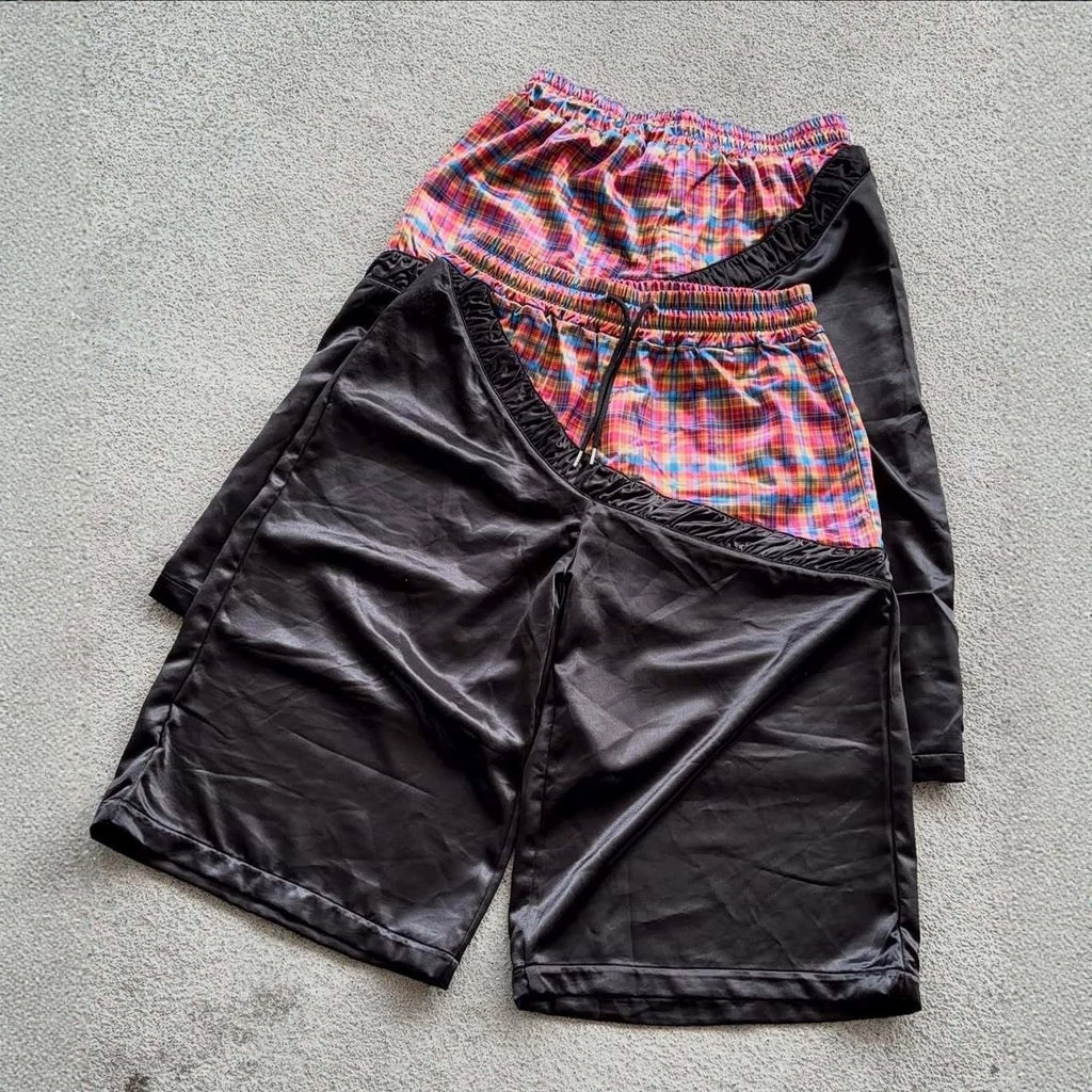 Retro Patchwork Color-Block Plaid Sports Short à large leg