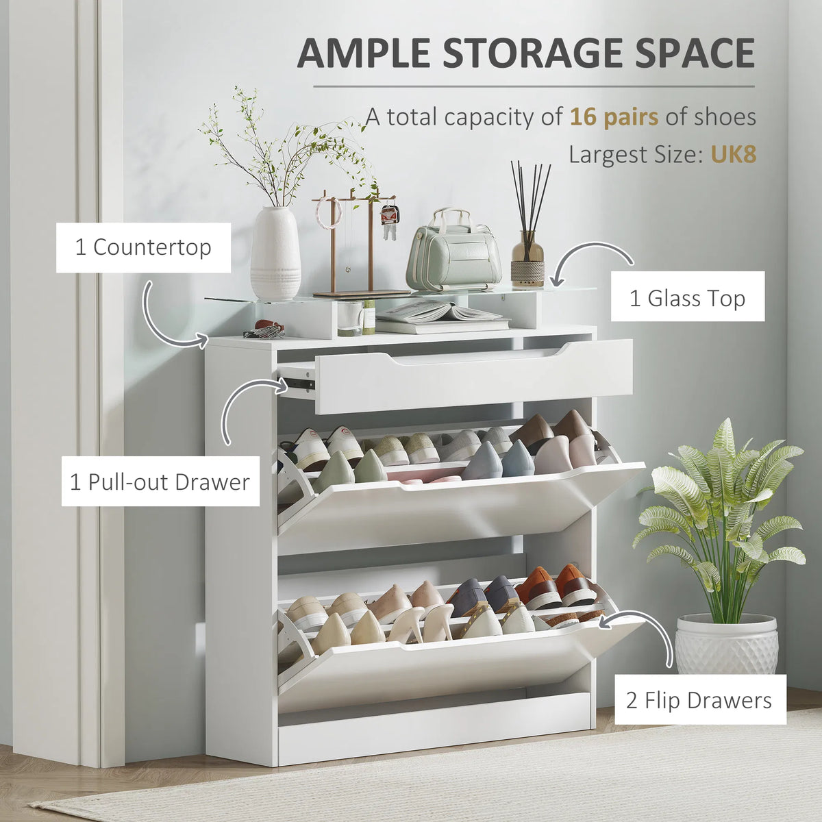 Armoire à chaussures brillantes avec 2 tiroirs et étagères réglables