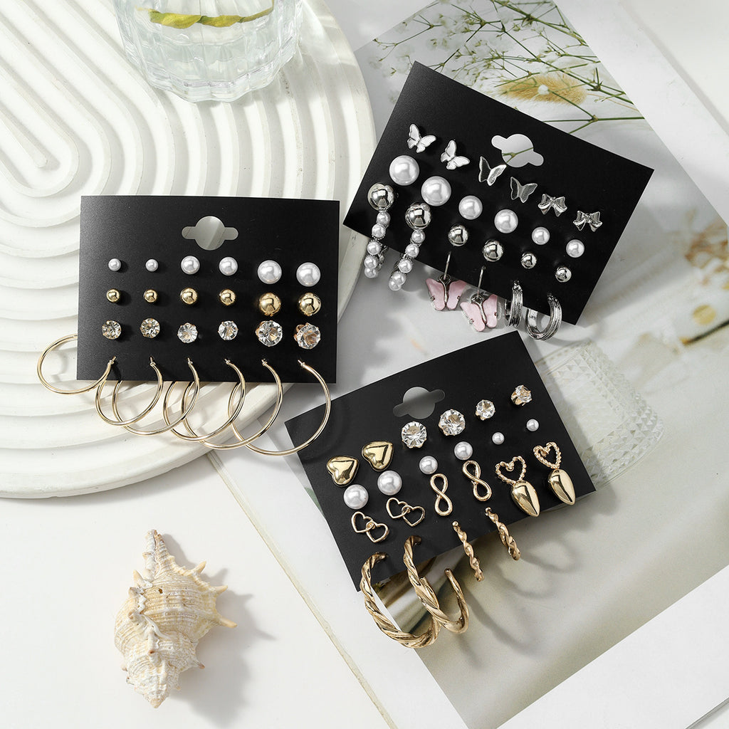 Rétro 12-Pair Butterfly Boucle d'oreille du coeur Hollow