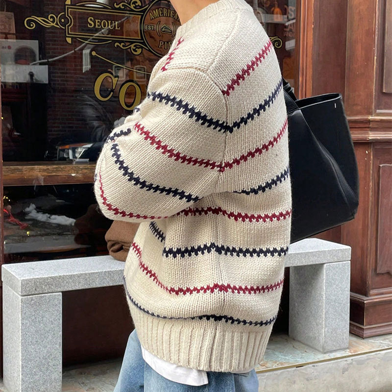 Hommes style coréen Laid-back rayé Nouveau-arrivée Loose-fitting Versatile Col d'équipage Long-sle