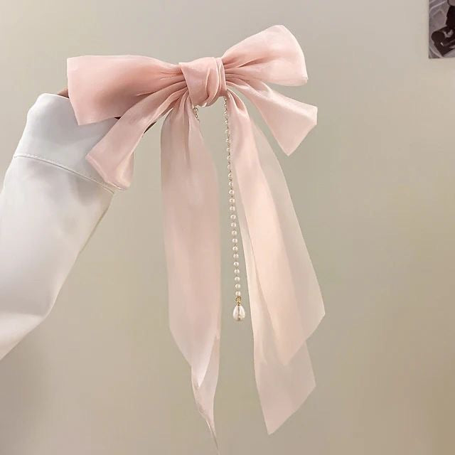 Ethereal Bow Pearl Tassel Clip Cheveux Femmes Ribbon Updo Élégant ressort Clip Cheveux Accessoire