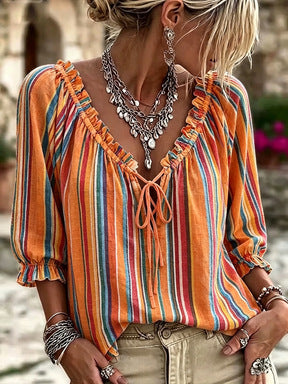 T-shirt V-Neck à manches rayées imprimé pour femmes
