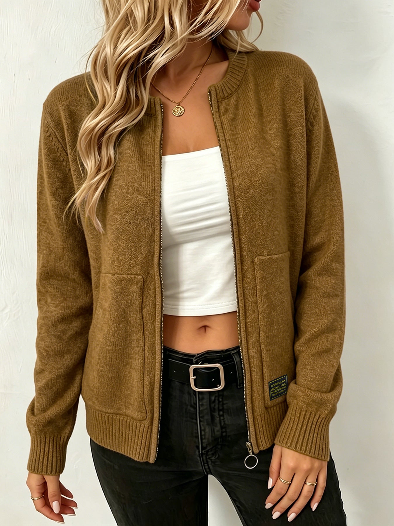 Cardigan tricoté couleur solide pour femmes avec fermeture éclair