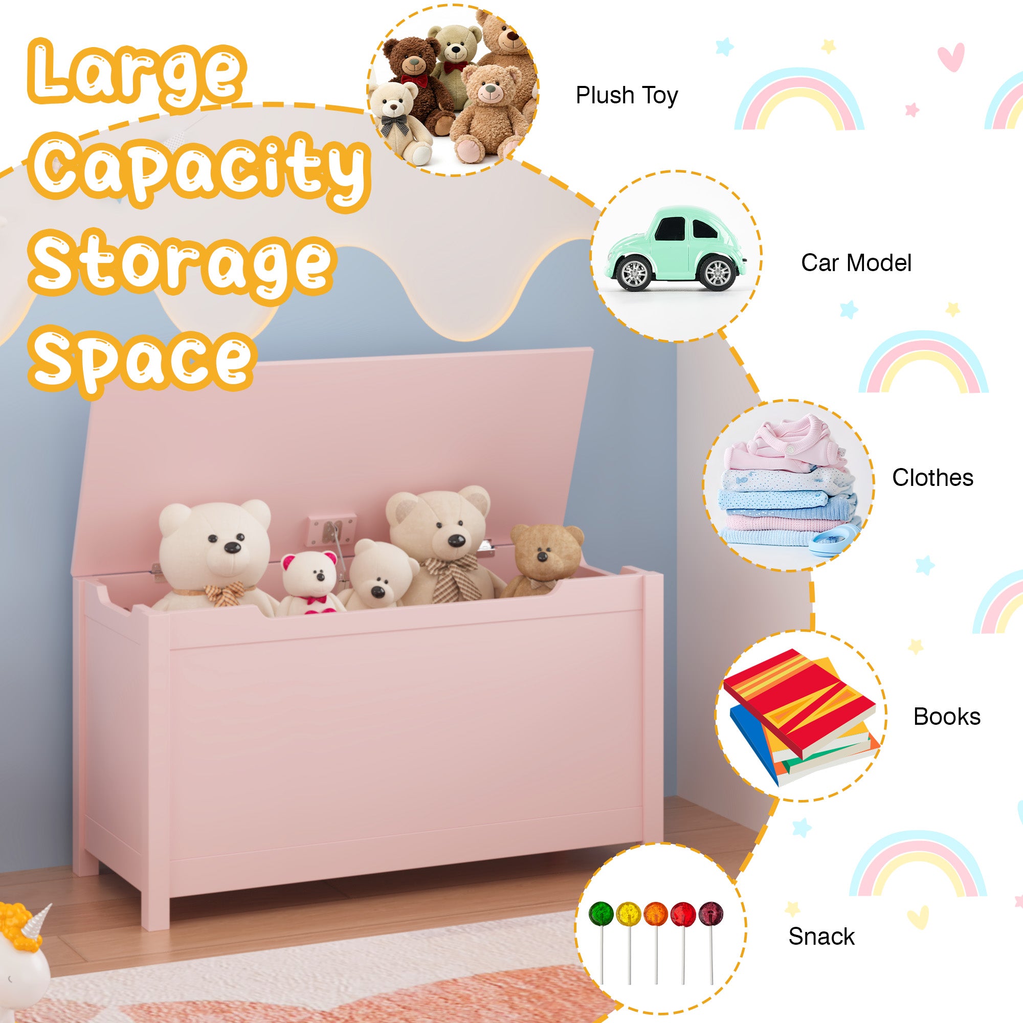 Rangement de boîtes de jouets en bois pour enfants avec couvercle à charnières de sécurité pour les 2 ans et plus (Pink)