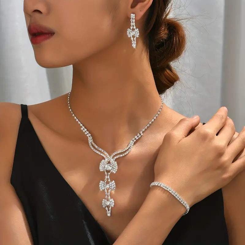Ensemble de bijoux 3-Tier Bow Y-Drop CZ 3Pcs pour femmes