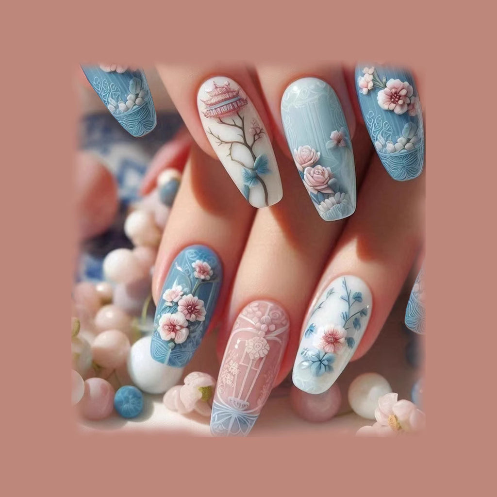 Guofeng Begonia Fausse fleur T courte Tempérament froid Blanc 24 pièces Porter des ongles Piec Polonais