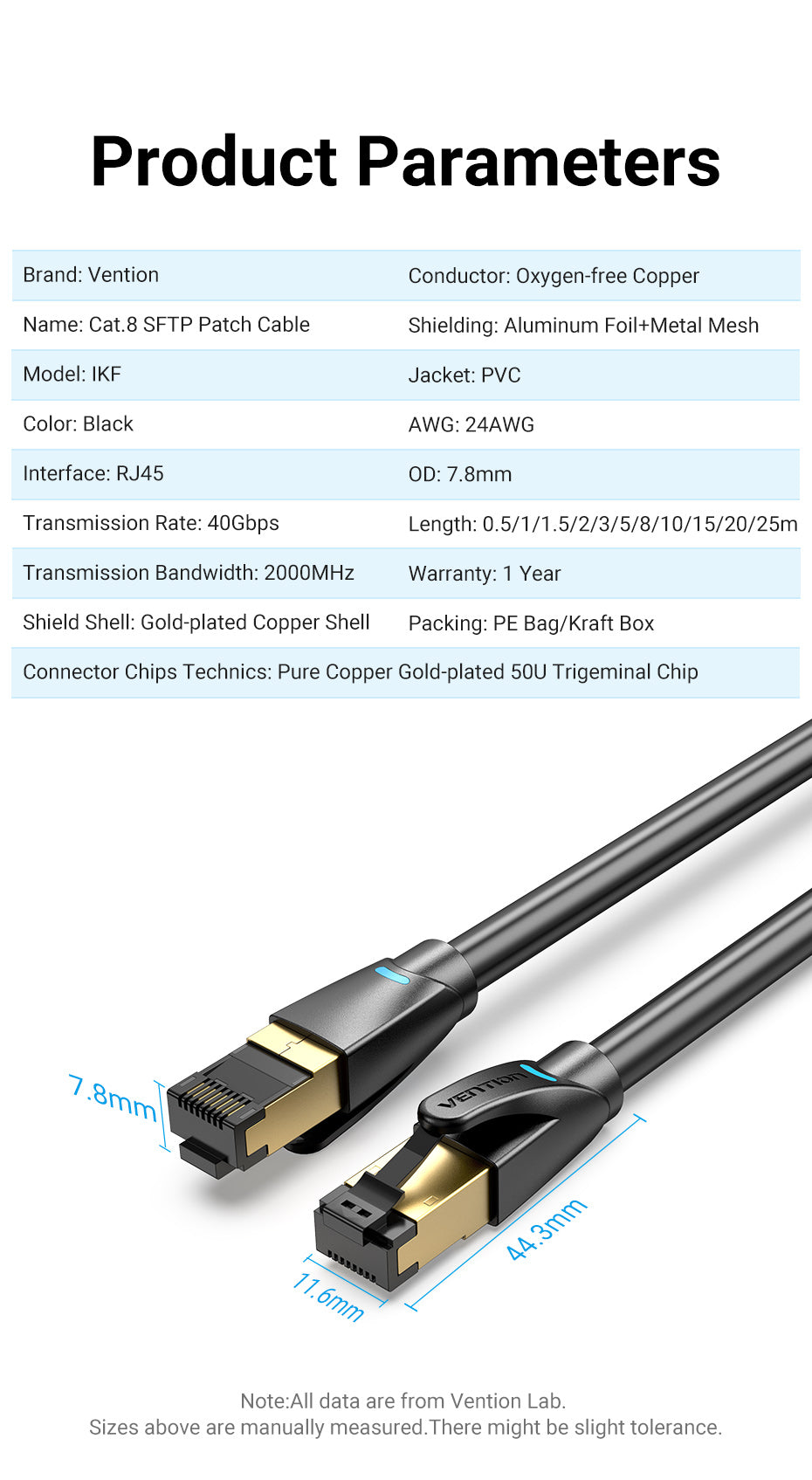 Câble Ethernet Vention RJ45 Cat8 Lan SFTP 40Gbps 2000M