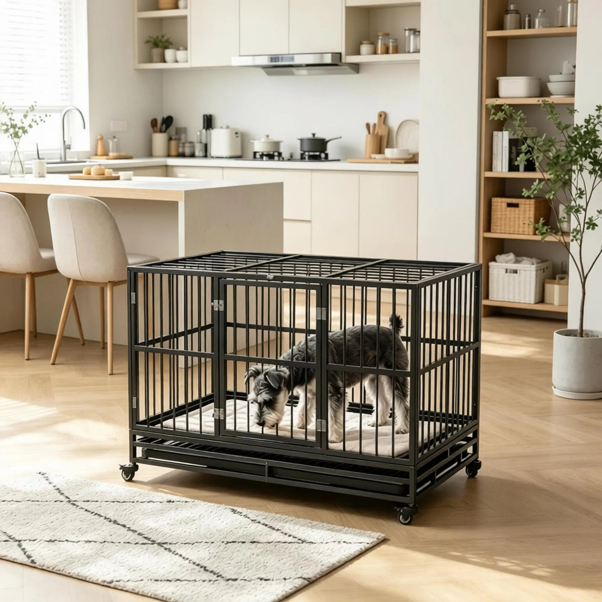 Kennel de cage de chien en métal de 48" avec roues verrouillables Double porte amovible gris
