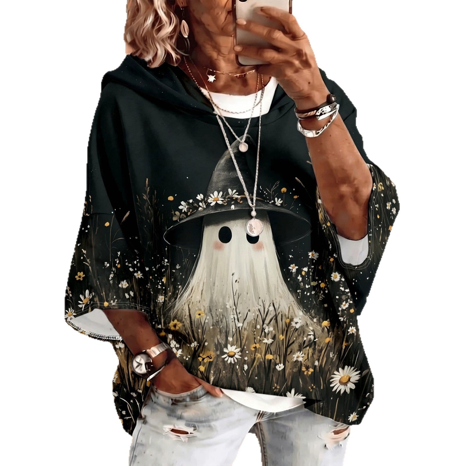 Hoodie imprimée pour femmes avec cordon de serrage et manches trois-quarters