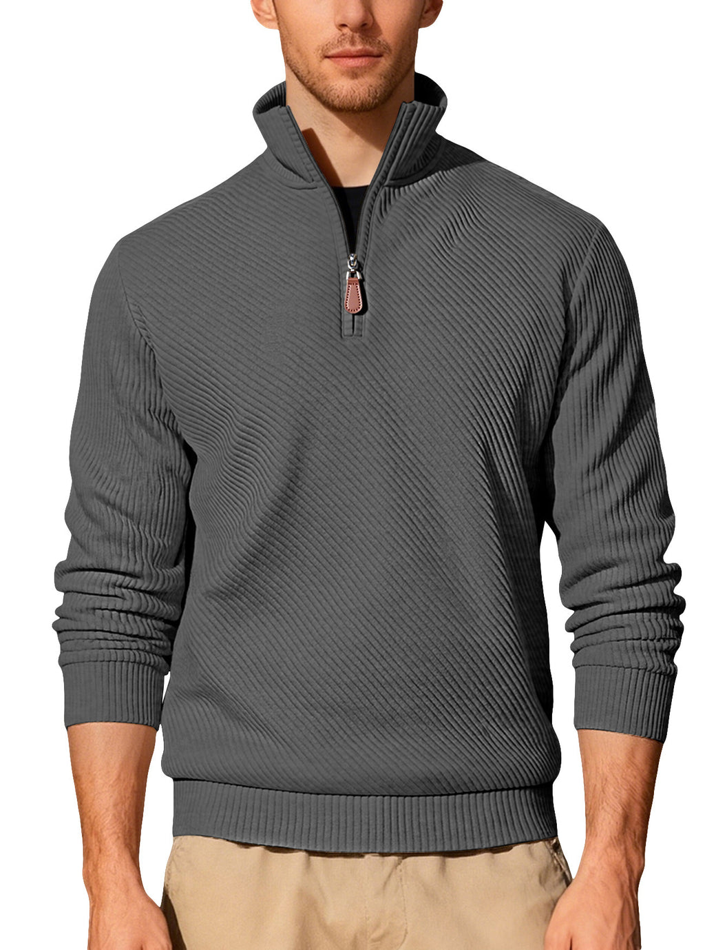 Arrivée Homme Twill Jacquard Ribbed demi-zip manches longues Plus Taille Sports Casual Sweatshir