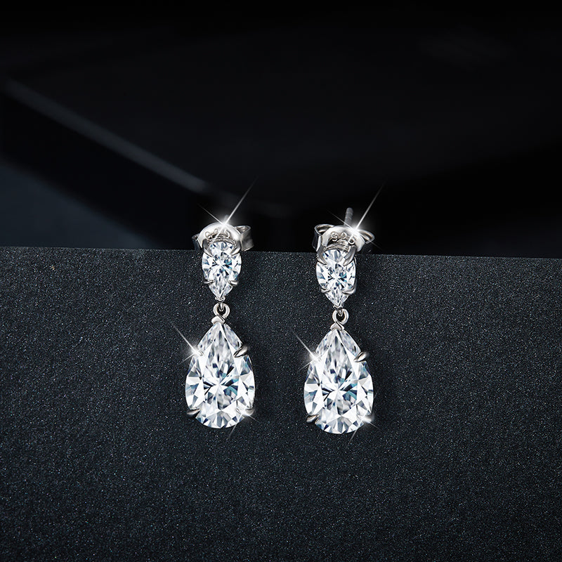 S925 Sterling Silver 7x11mm Teardrop Double Stone Drop Cut Moissanite Earrings