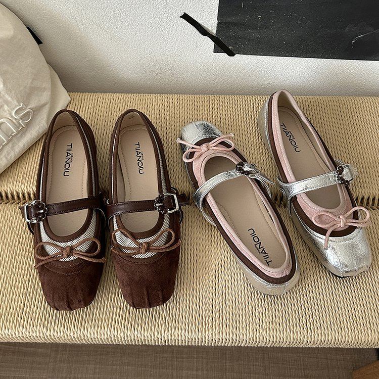 Argent Bow Mary Jane Appartements Femmes Vintage Couleur Bloc Carré Toe Ballet Chaussures plates