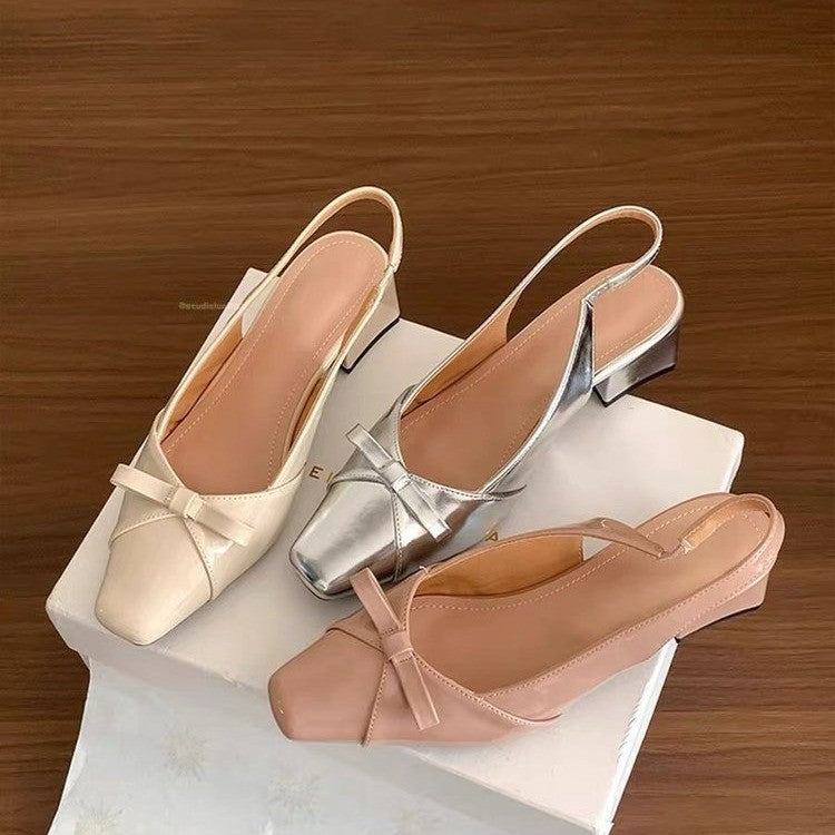 Femmes Français Talon Haut Argent Sandales d'orteil Fermé Élégante robe Bow Pompes pour dames