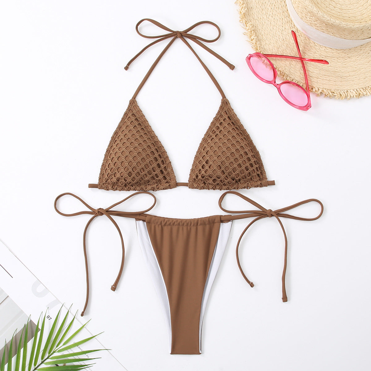 Maillot de bain bi-pièce Jacquard pour femme en couleur unie avec pinces à cravate