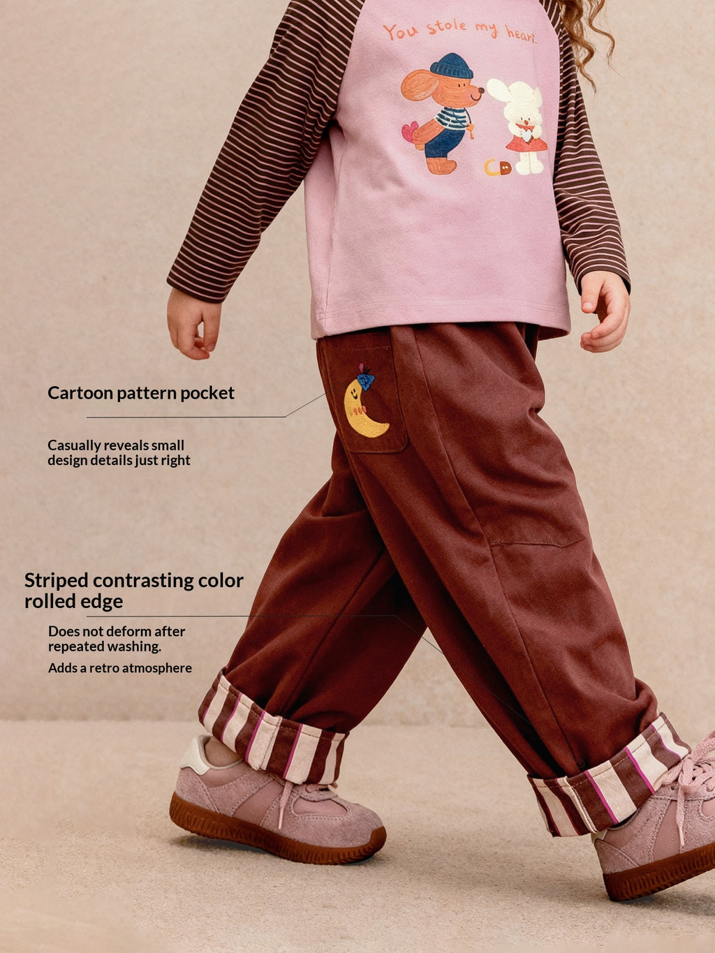 Pantalon casual avec bandes brodées et pantalons de longue longueur à l'ourlet roulé