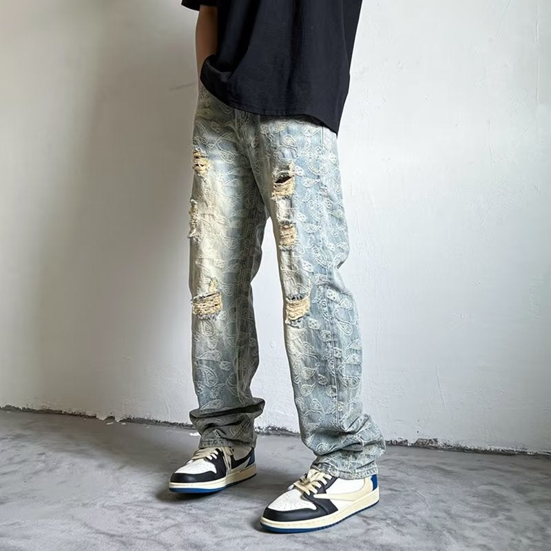 Hommes American Style Détresse Denim Jeans Lavés et Vintage Style vieilli