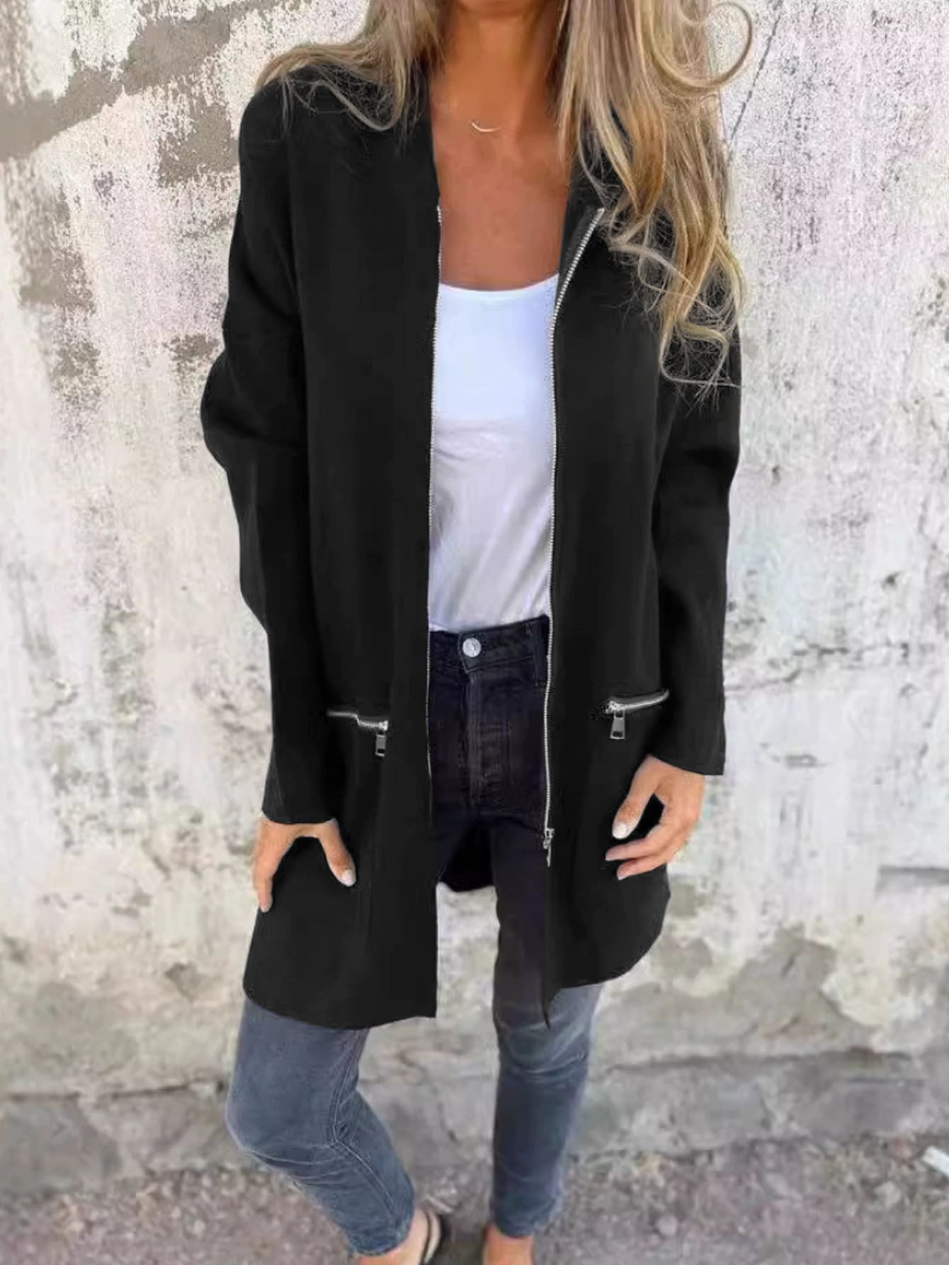 Femmes Long à capuche Cardigan ouvert devant Long Sleeve Casual Jacket Zip Pocket Loose Mid Lengt