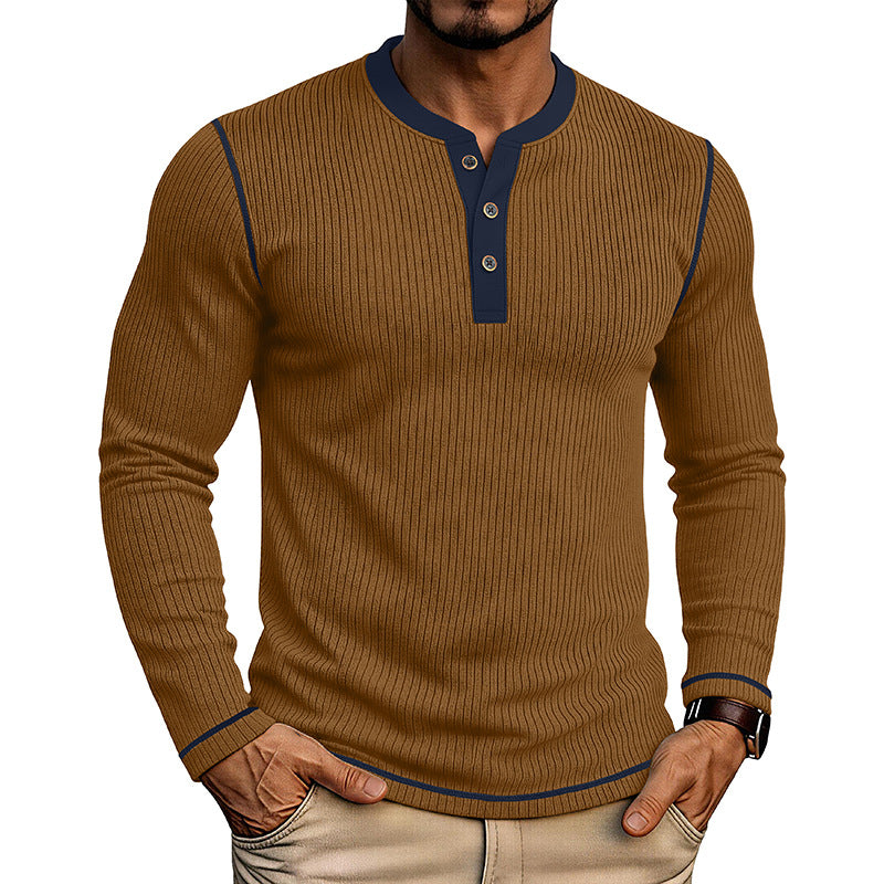 T-shirt manches longues pour hommes avec un chandail Henley bloqué en couleur