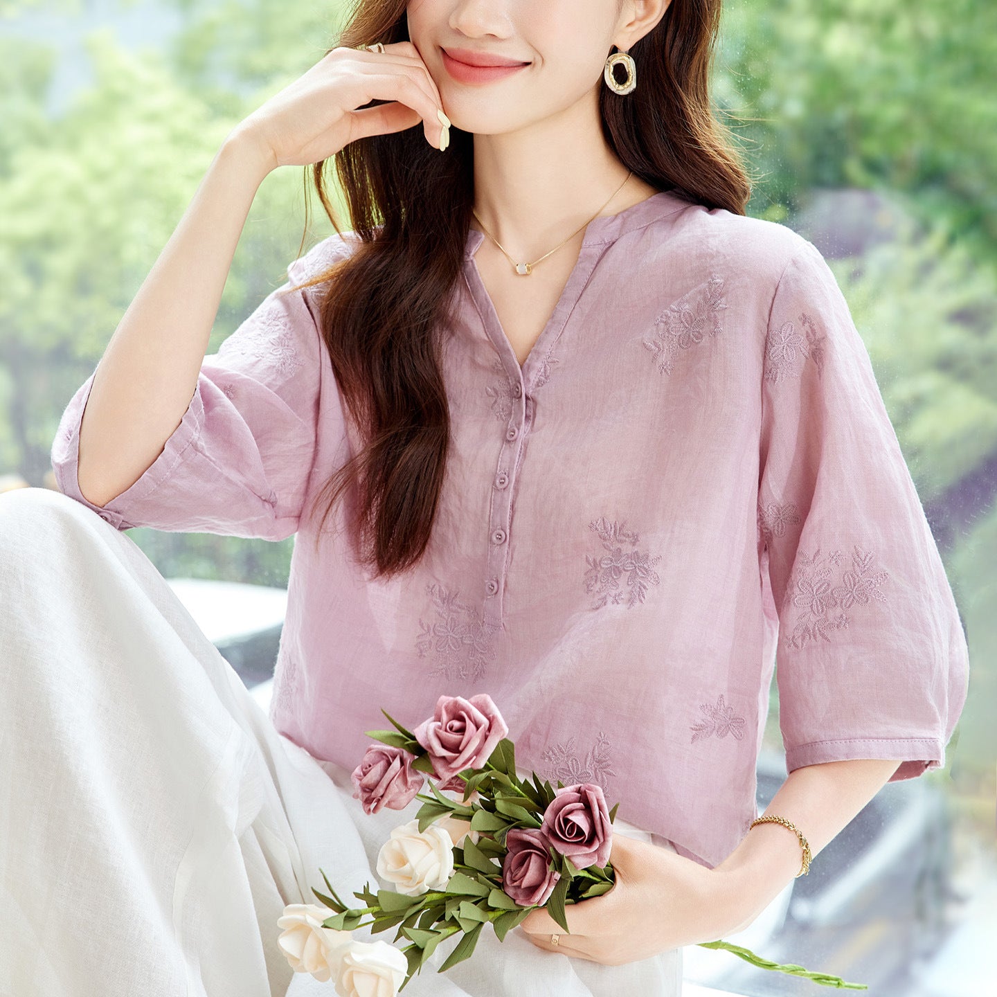 Chemise classique de style chinois en V-col d'été