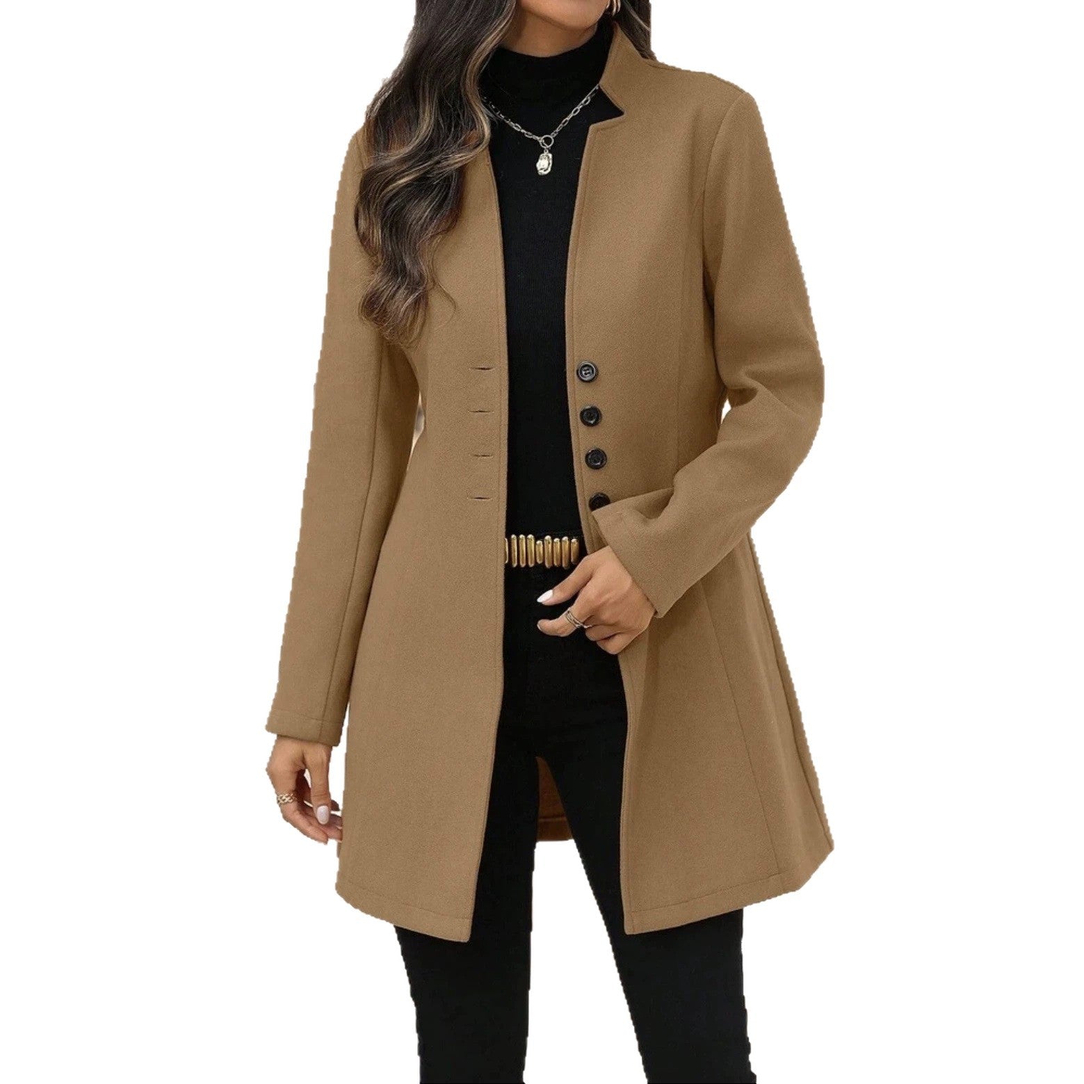 Élégante laine Stand-collar Trench Coat Style mi-long pour les femmes