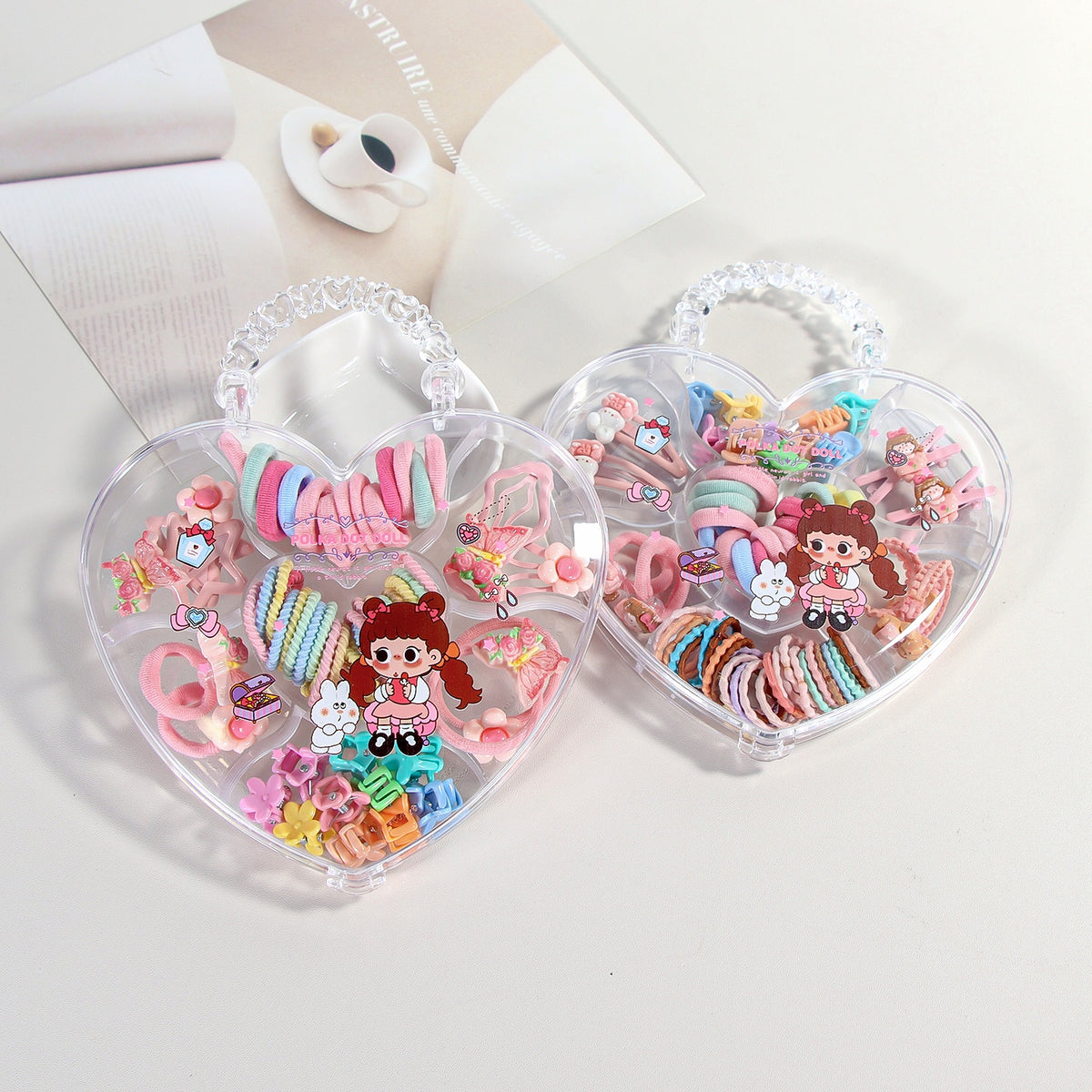 Heart-shaped hair accessory set - hair tie + hair clip - mixed - transparent shell - 1 set