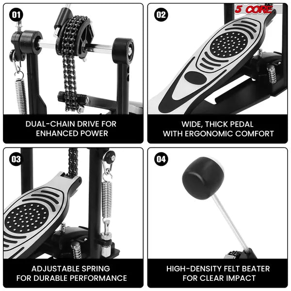 5 Core Bass Drum Pedal Mount Ajustable Felt Beater Head Single Chain HeavyDuty Kick Drum