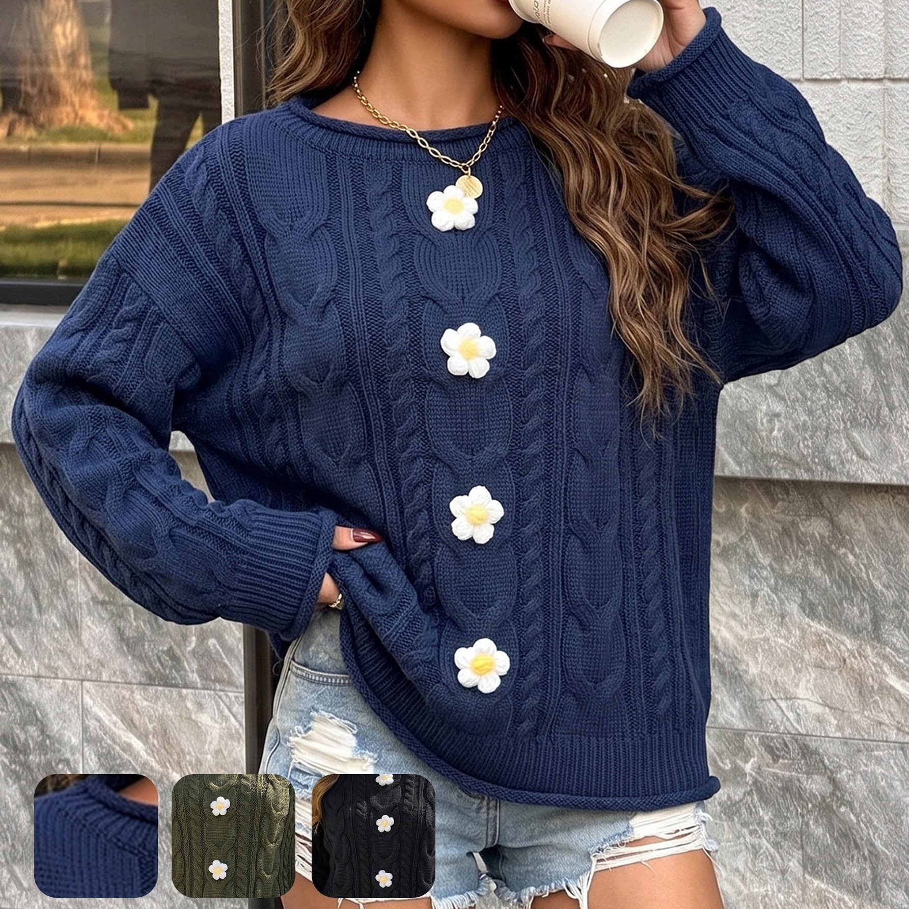 Femmes Crochet tricoté main Patchwork Loose-Fit pullover Sweater