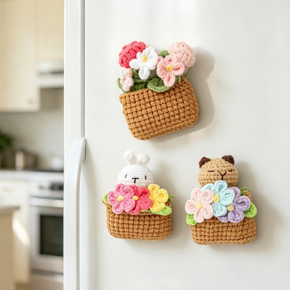 Crochet fait main carré pot de fleur Mignon de poupée trois pièces ensemble avec Bunny Little Ani