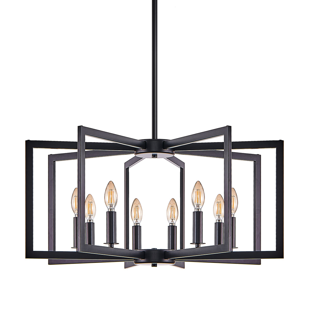 Chandelier 8-Light Geometric Noir moderne de 27" – Luminaire pendentif métallique industriel pour