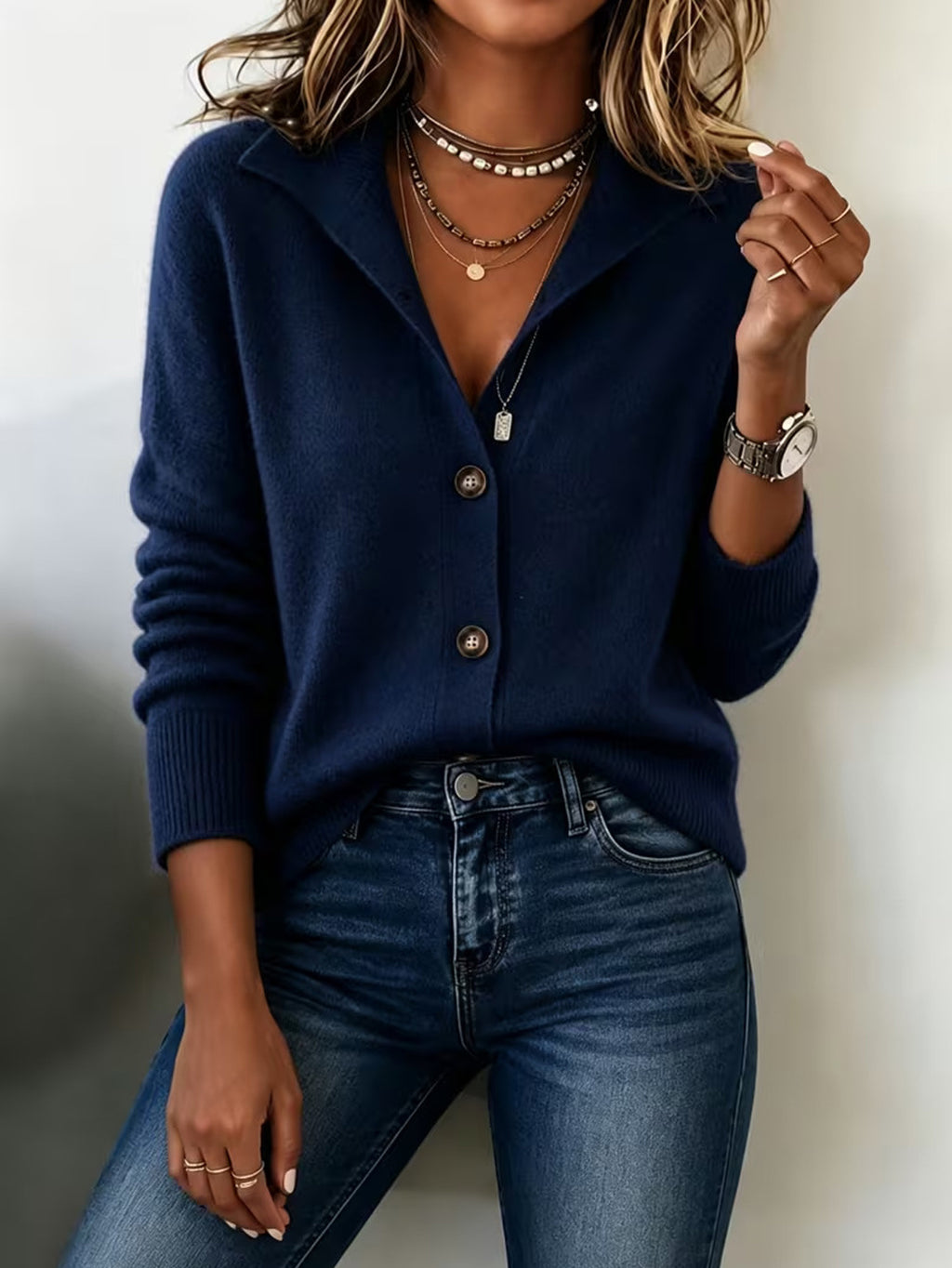 Style Retro pour femme Solid Color Stand Collar Cardigan